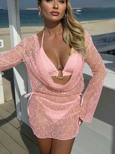 JSN 2026 Conjunto de bikini de dos piezas sexy de malla sólida personalizado para mujer con mangas largas, top halter sin espalda y traje de baño de cintura baja - Product Image 2