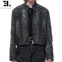 LARSUR Blouson Bomber en Denim Coupe Boxy Effet Usé et Délavé, Style Motard de Course, avec Rembourrage, pour Homme