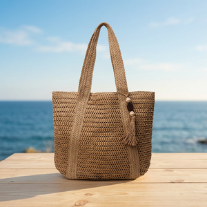 Sac fourre-tout tissé en paille synthétique beige pour femme, décontracté, à fermeture ouverte, idéal pour la plage, sac à bandoulière tendance - Product Image 3