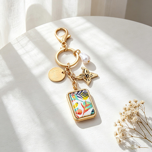 Tropical Leaf Print Square Charm Keychain with Pearl and Butterfly Gold Tone <b>Key</b> Ring for Fashion Bag Decor - Product Image 1