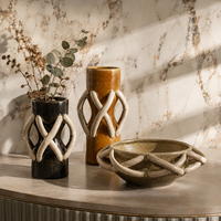 Vase en céramique sculptural vert foncé caramel avec boucles entrelacées, vase décoratif pour fleurs, pour le salon, décoration de la maison
