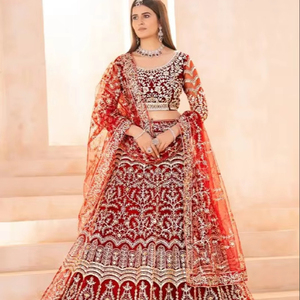 Tela de Red de Mariposa Pura 2026 para Lehenga Choli de Novia, Bordado Pesado a Máquina, Talla Grande, Silueta Imperio hasta el Suelo, Transpirable - Product Image 1