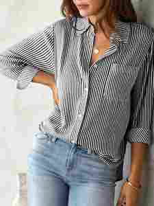Blusa de Manga Larga con Cuello Polo y Estampado a Rayas para Mujer, Estilo Casual, Holgada, a la Moda, Combinable con Todo, Camisa Elegante Vintage para Mujer - Product Image 3