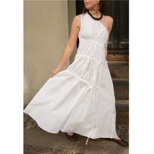 Custom Women One Shoulder <b>Maxi</b> Dress Side Drawstring Tiered Ruffle Long Dress Sleeveless Cotton Casual Vacation <b>White</b> Dress - Product Image 3