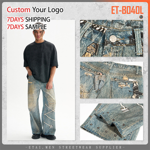 Jeans en denim streetwear de haute qualité personnalisés, taille mi-haute, délavés, coupe oversize, jambe large et ample pour hommes, vente en gros - Product Image 4