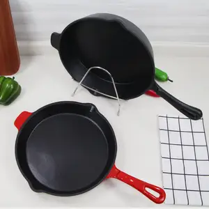 Factory Direct Sale Kitchen Enamel Red and Black Cast Iron Frypan Cookware