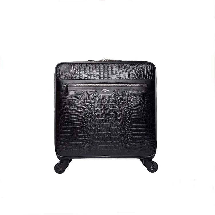 Leather business and leisure travel suitcase 16 inch crocodile pattern black trolley bag
