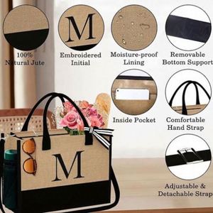 Bolsa de Compras Personalizada con Logotipo y Letra Impresa, Bolsa de Mano de Yute de Gran Capacidad, Bolsa de Playa de Lona para Mujer - Product Image 4