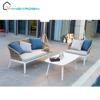 Conjunto de Sofá de Cuerda Sintética para Jardín, Patio o Terraza, Estilo Moderno de Mediados de Siglo, Cuatro Plazas, Mesa de Centro, Personalizable, para Exteriores