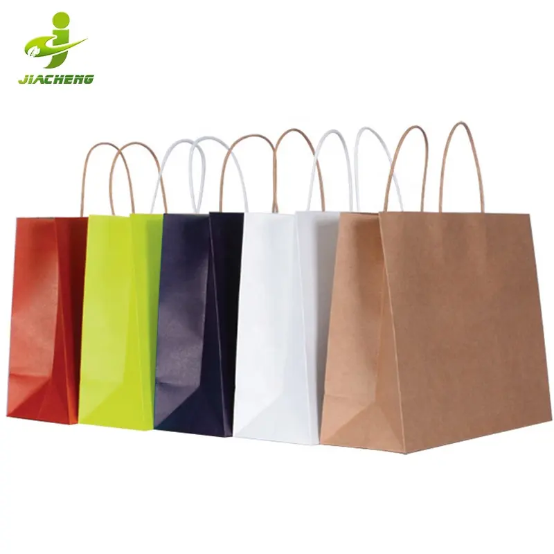 JIACHENGはカスタマイズロゴファッションを製造しています。お買い物用ハンドル付きのテイクアウト袋に茶色のクラフト紙袋を注ぎます