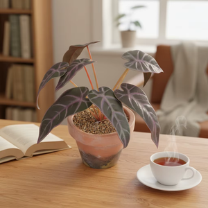 Plante artificielle Alocasia à écailles de dragon en pot en terre cuite, faux feuillage violet variegé, décoration pour la maison, le bureau, la table, l'étagère - Product Image 4