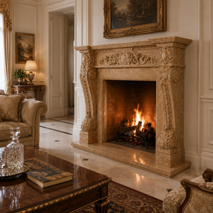 Cheminée traditionnelle en marbre avec sculptures ornées, en pierre beige crème classique, foyer intérieur à bois pour salle à manger - Product Image 1