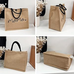 Custom Lunch Hospital Shopping Beach Mother's Day Gift Mom Love Waterproof <b>Black</b> Handle Button Jute <b>Bags</b> - Product Image 3