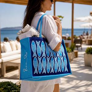 Sac fourre-tout en jute imprimé poisson bleu avec poignée en corde, sac de courses personnalisé pour les courses - Product Image 2