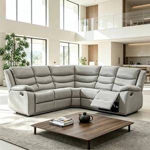 Sofá esquinero reclinable seccional de 6 plazas, estilo moderno y ergonómico, marca Frank, con mesa abatible, ideal para la sala de estar. - Product Image 1