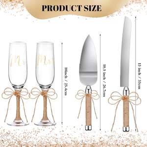 Elegante juego de 4 piezas para copas de champán, espátula y tenedor de lujo para pastel de boda para él y para ella con lazo de arpillera, hecho de metal duradero - Product Image 4