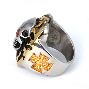 Bague Yunnique en Acier Inoxydable 316L, Style Gothique Punk, Bicolore Or et Argent, Crâne avec Yeux en Zircon Rouge et Pierre Naturelle, Design Flamme, pour Homme - Product Image 3