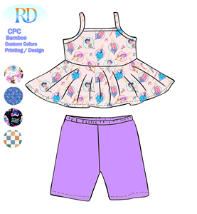 Ensemble 2 pièces pour filles : Haut sans manches à volants et short cycliste imprimé western – Tenue d'été pour enfants – Ensemble peplum + leggings pour filles - Product Image 2