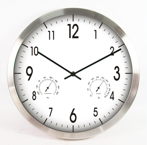 Simple <b>Brushed</b> Aluminum Frame Modern Round Clock Wall with Temperature and Humidity - Product Image 1
