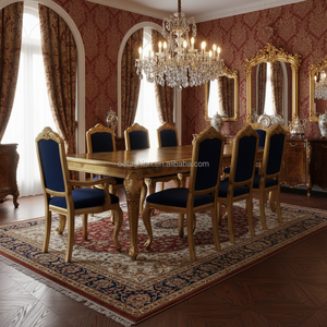 Ensemble de table à manger de luxe OE-FASHION de style baroque français, feuille d'or, bois massif, 8 places, chaises en velours bleu <span class=keywords><strong>royal</strong></span> pour villa, palais - Product Image 1
