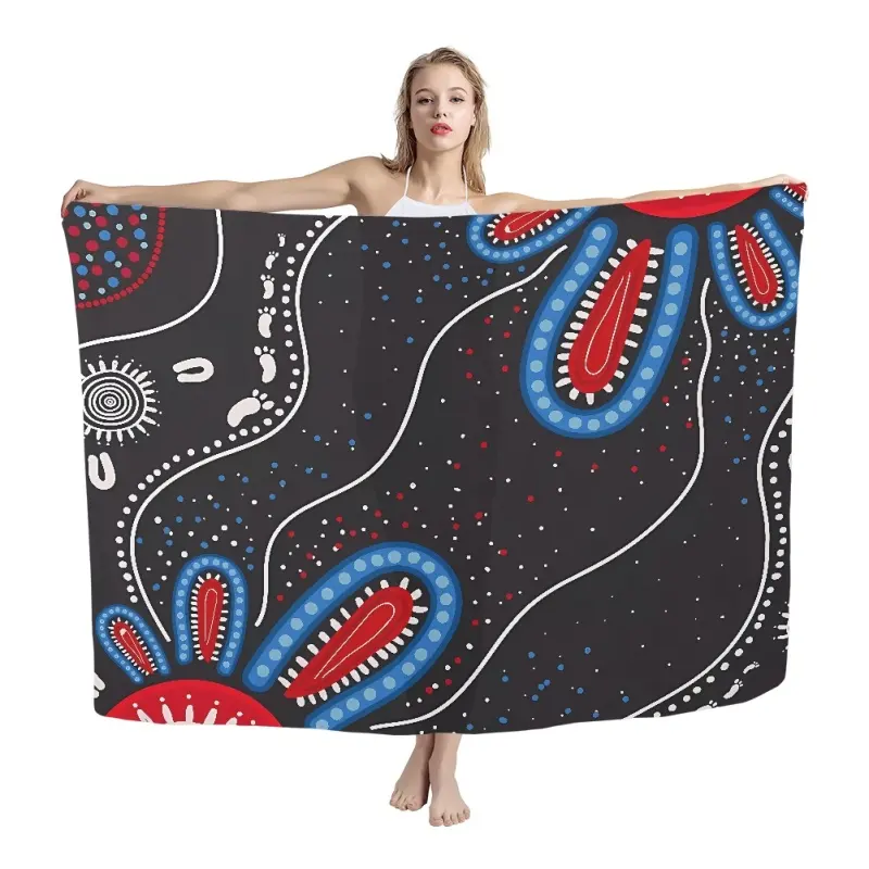 Personnalisation de style artistique australien Fabricants de sarong aborigènes Vente directe Serviette de plage en mousseline de soie de velours Sarong de plage d'été