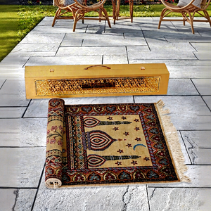 Alfombra de Oración Musulmana Tradicional, Anudada a Mano, de Lana y Seda, con Patrón de Medallón, Base de Goma Antideslizante, para Uso en Exteriores, Forma Rectangular - Product Image 1