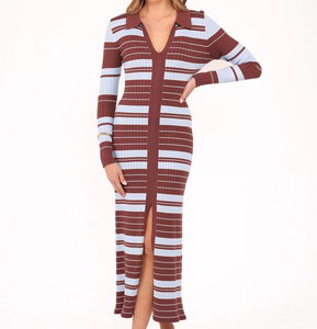 Abito midi da donna <span class=keywords><strong>in</strong></span> <span class=keywords><strong>maglia</strong></span> a costine a blocchi di colore, <span class=keywords><strong>vestito</strong></span> a <span class=keywords><strong>maglia</strong></span> aderente <span class=keywords><strong>con</strong></span> collo a polo e <span class=keywords><strong>spacco</strong></span>, abito casual a maniche lunghe - Product Image 1