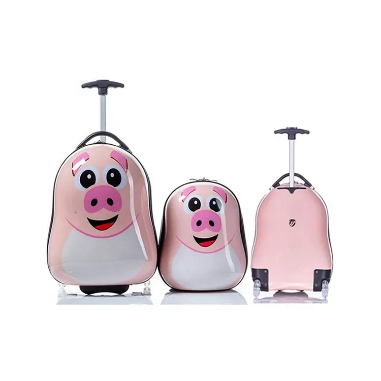 卸売ピンク豚柄学校子供旅行バッグ荷物トロリーセット