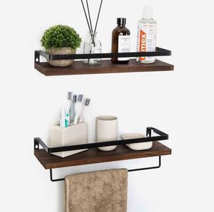 Modern <b>Rustic</b> Floating Wall <b>Shelves</b> Elegant Matte Black Metal Frame Triangle Bracket 2 Rails Decorative Storage Set RheTech - Product Image 6