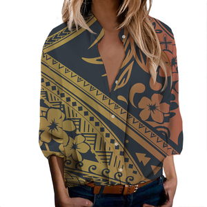 T-shirts décontractés à manches courtes et col en V avec imprimé tribal polynésien Tapa samoan, hauts élégants, chemise à boutons pour femmes - Product Image 2