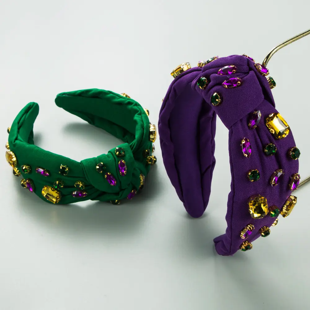 ربطة رأس نسائية واسعة باللون الأرجواني والأخضر والباروكي لعيد القديس بطراز كريستالي كرنفال السبا ربطة شعر مجوهرات شعر أفريقية