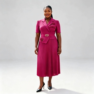 Robe plissée style blazer en gros avec revers cranté, accent floral 3D, <span class=keywords><strong>ceinture</strong></span> à <span class=keywords><strong>boucle</strong></span> métallique, grande taille, style Miyake - Product Image 3