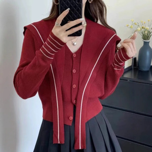Korean-style Preppy <b>Navy</b> Collar Long Sleeve Knit <b>Cardigan</b> For <b>Women</b> Apricot Gray Black Burgundy Coffee Thin Polyester V-neck - Product Image 2