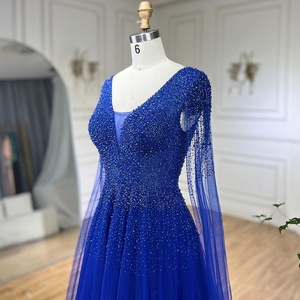 Robe de soirée élégante à manches cape et col en V bleu, style A-line, ornée de perles, Serene Hill LA72315, <span class=keywords><strong>robes</strong></span> de bal élégantes pour femmes - Product Image 3