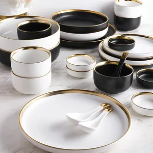 Juego de platos de cerámica de lujo de estilo nórdico, vajilla con borde dorado, plato de cerámica y cuenco, juego de vajilla