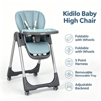 Chaise haute pliable pour bébé Kidilo avec roulettes, harnais à 5 points, dossier réglable, plateau amovible