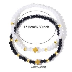 Nouvel Arrivage – Ensemble de 2 Bijoux Fantaisie Faits Main : Bracelets Porte-Bonheur en Perles de Cristal Noir et Blanc avec Croix, pour Femme – Cadeaux Quotidiens - Product Image 6