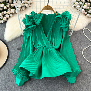 Ruffle Waisted Shirt Women's V-Neck Solid Color 3D Petal <b>Top</b> Fashion - Product Image 6