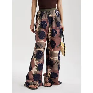Personalised Floral Print Fashion Casual Elasticated Trousers Retro Light Holiday Style Thin High Waist Trousers
