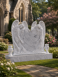 Bianco Carrara white Marble Angel Design Hand Carved Headstone Polished Surface Traditional Style Outdoor Use - Product Image 3