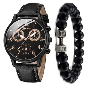 Y49 trending products 2024 new arrivals business minimalist Calendar PU leather2pcs/set geneva quartz watches for men
