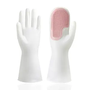 Free Size Long Sleeve Silicone Dish Washing Gloves Silicone Household Gloves With Cleaning Brush