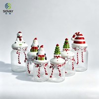 Bocal de rangement en verre pour les fêtes, pot transparent côtelé avec couvercle en céramique peint à la main motif pingouin, pour emballer des bonbons, des noix et des biscuits