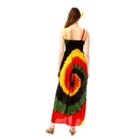 Robe longue maxi colorée tie-dye à bretelles fines, buste froncé élastique, style bohème pour les vacances tropicales