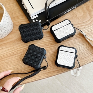 Étui simple en cuir PU à motif tissé pour Apple <span class=keywords><strong>Airpods</strong></span> 1 2 3 Pro 2, housse pour écouteurs sans fil, boîte de charge, sangle de poignet - Product Image 1