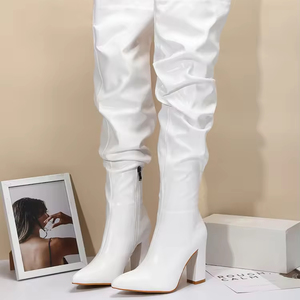 NEW2024 MODERN POINTED TOE STILETTO HEEL LEATHER THIGH HIGH <b>BOOTS</b> - BLACK - Product Image 5