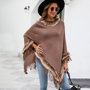 Capa de punto con borlas para mujer, poncho suelto de color liso, chal tipo jersey, abrigo informal estilo europeo americano, novedad otoño-invierno - Product Image 3