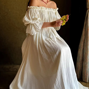 Nuevo Vestido Maxi de Mujer con Hombros Descubiertos, Manga Corta Acampanada, Túnica Sólida Plisada, Vestido de Verano con Cintura Alta Elástica para Mujer - Product Image 2