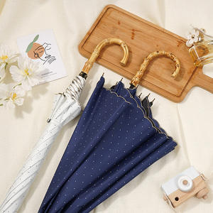 ร่มด้ามไม้ไผ่ทรีซาน สีกรมท่า ลายจุดสีขาว เปิดแบบแมนนวล ป้องกันแดดฝน สำหรับผู้หญิง ใช้สำหรับการเดินทาง - Product Image 1