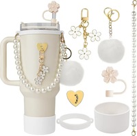 Ensemble réutilisable d'accessoires pour tasse d'eau isolée en silicone avec motif floral, manchon, poignée en perles, corde, boule, ampoule et barre de suspension